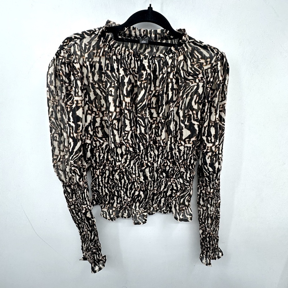 HALOGEN Natural animal print puff sleeve sheer woman’s blouse. NWT SMALL